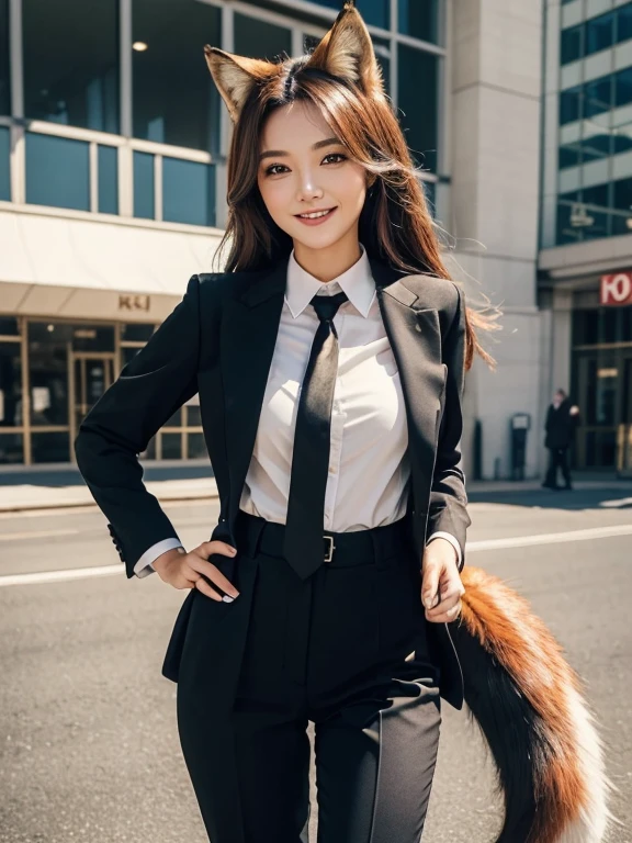 ((highest quality, 32k)), ((masterpiece)), (Get used to it), Perfect Face, Fox Girl, Beautiful woman, public, There is a tail, she has a fox tail, She wags her fluffy tail, smile, collar, She wears a business suit, Beautiful hip line, A tail sticking out from a business suit