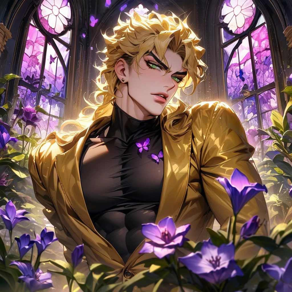 absurdres, highres, ultra detailed, HDR, master piece, best quality, Dio brando, blond hair, expressive green eyes, jojo bizarre adventure, golden jacket, black tight shirt, solo, sexy man, handsome, glass stained window, purple shining butterflies, purple lilies, purple petals, garden