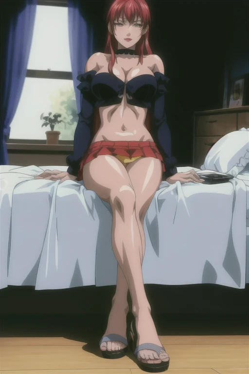 masterpiece, best quality, highres, 1girl, hirokotakashiro, micro ruffle skirt, black off shoulder crop top , bedroom, full body shot, (smug:0.3), looking at viewer, focus solo, sexy pose, crossing legs, mature, flip flops, detailed feet, busty, cleavage, redhead, seductive, dangling shoes, red eyeshadow, glossy lips, black choker, long hair, sitting on bed,