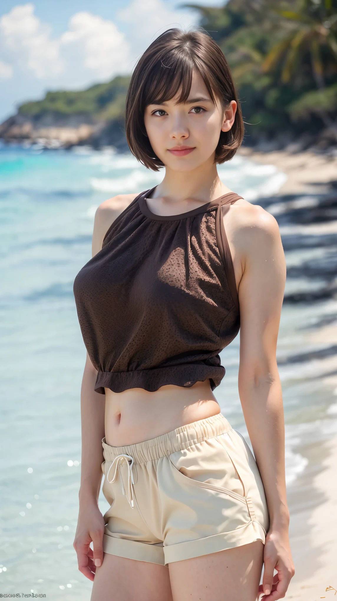 (best quality, 8k, realistic, ultra-detailed:1.2), beach, beautiful, short brown hair girl, sexy top, shorts, very detailed skin, Sony camera