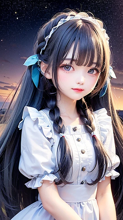 (highest quality, masterpiece), One Girl, Twin tails、stop temporarily, particle, Wind, flower, Upper Body, Simple Background, View audience, , milky way,smile、Turquoise Eyes、(Silver long hair)、Cute Lolita、Braid、Twin tails、Wind、Crescent Moon