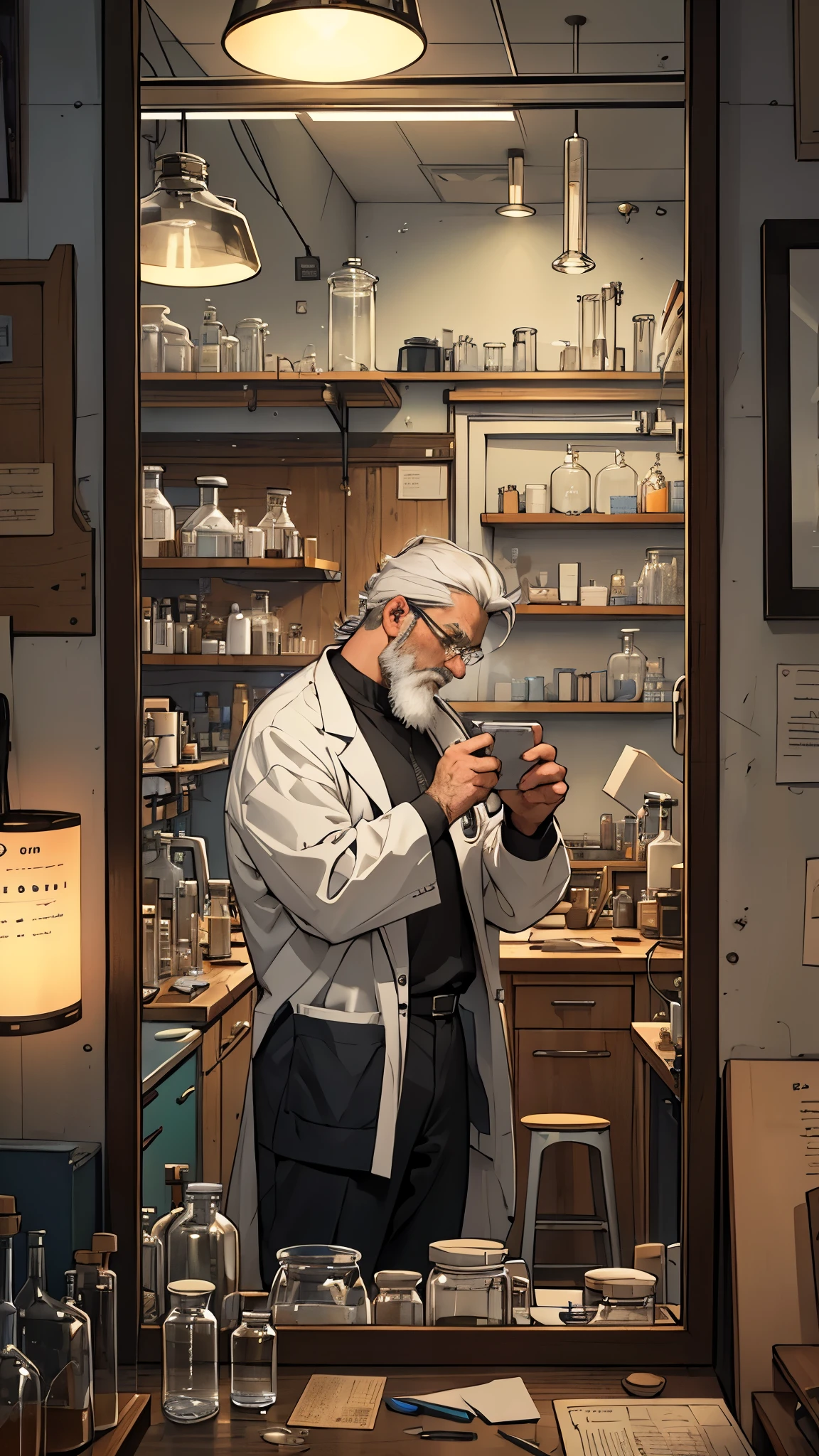 In the heart of a cluttered laboratory, a middle-aged scientist with a pairs of thick-framed glasses and an unkempt beard busied himself, surrounded by beakers and test tubes. His work suit, made of grey polyester and synthetics, was covered in smudges and stains from countless experiments. Unusual tattoos adorned the side of his head, representing esoteric equations and molecular structures. The room was filled with an air of intensity, and the scientist's European features were etched with worry and focus.

His reflection in a steel mirror showed a man past his prime, but still full of determination and curiosity. The mirror, displayed in a wooden frame,