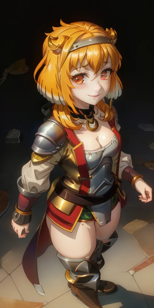 Masterpiece, (flat black background:1.2) solo, detailed face, intricate iris, thick lips, robot girl, (gold and white skin), realistic illustration of a (cyborg girl), (RED eyes), IvoryGoldAI, (freckles),(holding BREATHTAKING:1.2), (gold and white armor:1.2), (looking at viewer:1.2), parted lips, standing straight symmetrical, looking at viewer, ??????? smirking smile face red blushed red cheeks, thick thighs, thigh highs, thigh, boots, armor, armored boots, full body armor, ?????? armor, big breastplate, pauldron, bracers, leather black choker, tiger claws gloves, short bob white haircut, helmeted, metal shoulders, red long loincloth, longest blue cape reach to the waist, ???????? and chains wristbands