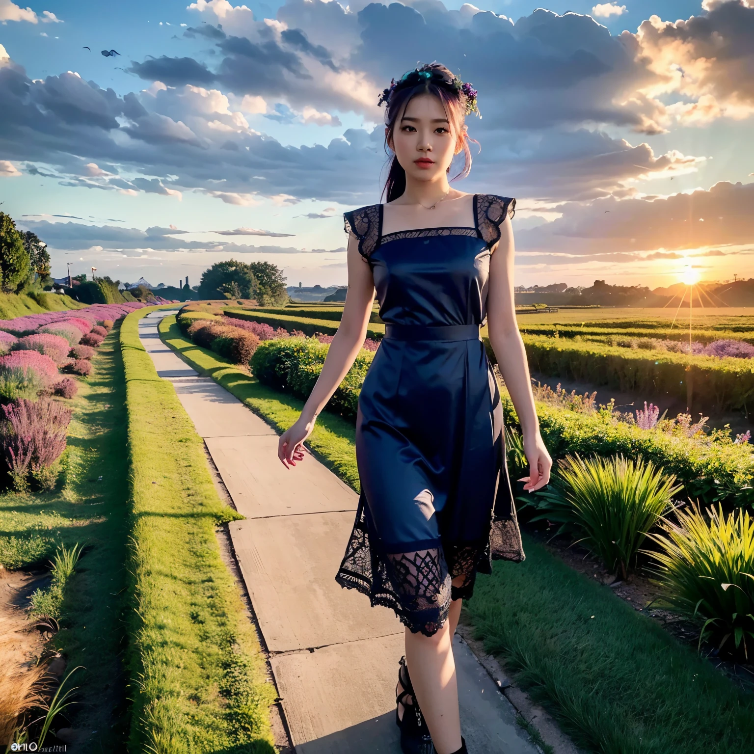 (realistic:1.5), fine detail, quality, rembrandt lighting, (masterpiece:1.4), (photorealistic:1.5), (best quality), (skin detail:1.3), (intricate detail), dramatic, ray tracing, 1girl, beautiful Asian girl, kepang purple hair, 20 years old, wearing a dress blue luxury dress motif beautiful, (Grassland, Sun, Clouds, Fields,pantai pasir putih, Starlight, Walking Path),(sunset mode),(full HD)