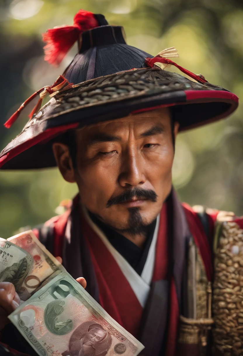 A ronin collector of money with coin and banknote