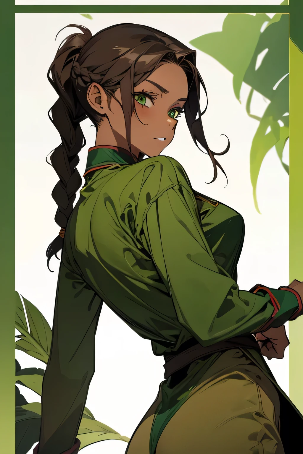 Earthbender human woman with tanned skin. She is a 16-year-old teenager with green eyes and green clothing. Her hair is brown in a just ONE braid. She is beautiful and her skin is dark in color. Her skin is slightly dark. Earthbender. Tsundere face. Beatifule