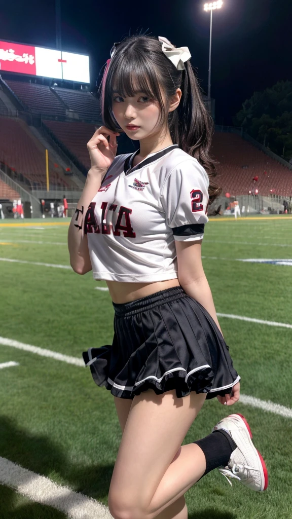 muste piece, best quality, illustration, Super detailed, fine details, High resolution, 8K,wall paper, perfect dynamic composition,(Details High quality, realistic depiction of eyes:1.3), Photo of Japanese actress in American football studium, ponytail, night, dark, cheerleader, jumping, short skirt, large breasts, sneaker, black hair color, Big Natural Color Lip, bold sexy pose, crying a little、cold gaze, Harajuku style、20 year old girl、cute type、lolita、beautiful legs, hposing Gravure Idol