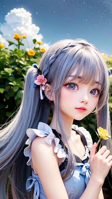 (highest quality, masterpiece), One Girl, Twin tails、stop temporarily, particle, Wind, flower, Upper Body, Simple Background, View audience, , milky way,smile、Turquoise Eyes、(Silver long hair)、Red eyeshadow、flower柄、Sexy ta、Braid、Twin tails、Wind、Crescent Moon