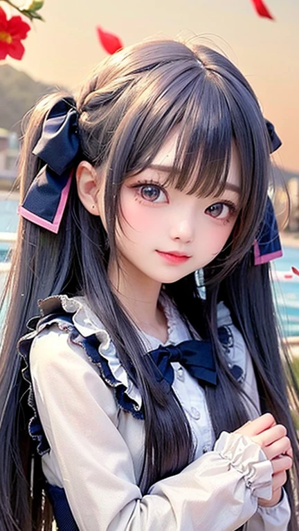 (highest quality, masterpiece), One Girl, Twin tails、stop temporarily, particle, Wind, flower, Upper Body, Simple Background, View audience, , milky way,smile、Turquoise Eyes、（Silver long hair）、Red eyeshadow、flower柄、Sexy Lolita、Braid、Twin tails、Wind、Crescent Moon