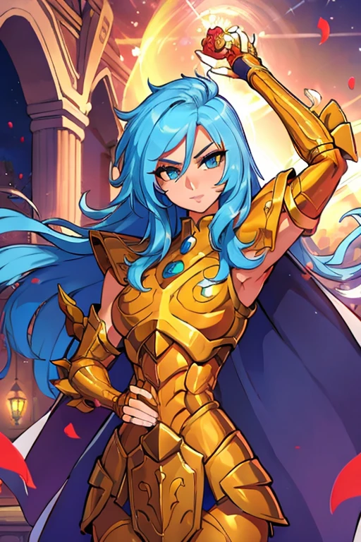 obra maestra, Mejor calidad, obra maestra, cara detallada, ojos detallados, cuerpo completo, 1 chica, pelo azul, pelo largo, blue hair, long hair, red lips, armadura de bikini femenina, gold armour,gemas aguamarina, rosa en la boca, templo griego, rosas en el suelo,