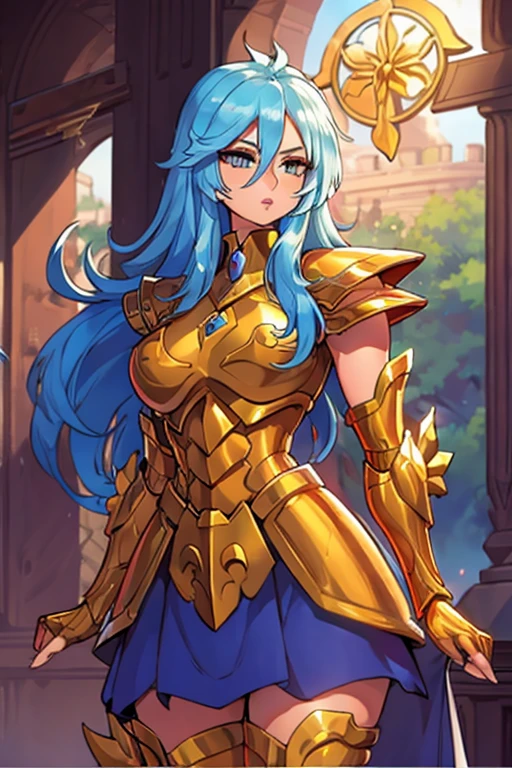 obra maestra, Mejor calidad, obra maestra, cara detallada, ojos detallados, cuerpo completo, 1 chica, pelo azul, pelo largo, blue hair, long hair, red lips, armadura de bikini femenina, gold armour,gemas aguamarina, rosa en la boca, templo griego, rosas en el suelo,