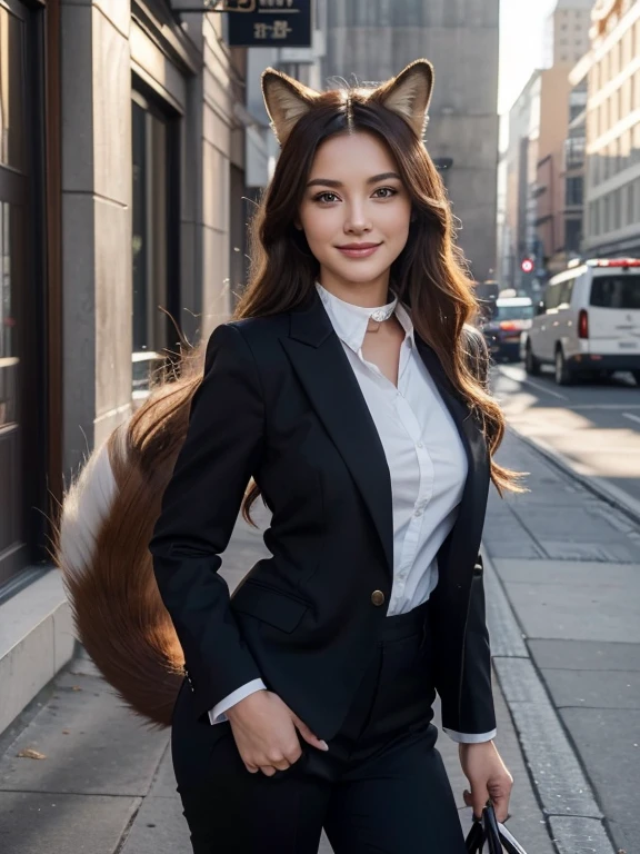 ((highest quality, 32k)), ((masterpiece)), (Get used to it), Perfect Face, Fox Girl, Beautiful woman, public, There is a tail, she has a fox tail, She wags her fluffy tail, smile, collar, She wears a business suit, Beautiful hip line, A tail sticking out from a business suit