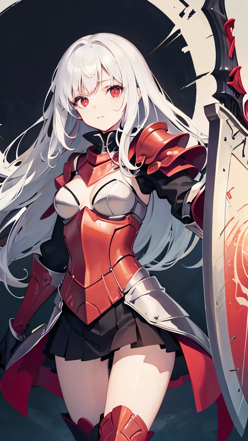 ((best quality)), ((masterpiece)), (detailed), perfect face, (albino), knight, ((long white hair, white skin, red eyes)), (black magic sword), Great sword engraved with red runes, crazy eyes, haggard cheeks, fantasy novel, 25 years old lady, ((Silver armor and gloves)), and a shield with a pattern engraved on it