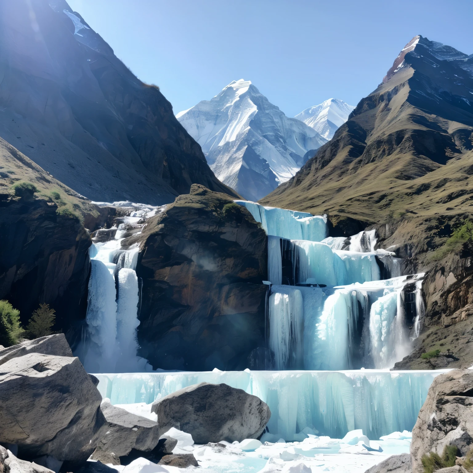 Everest tributaries、A huge waterfall completely frozen、Ice looming before our eyes、、Close-up image。