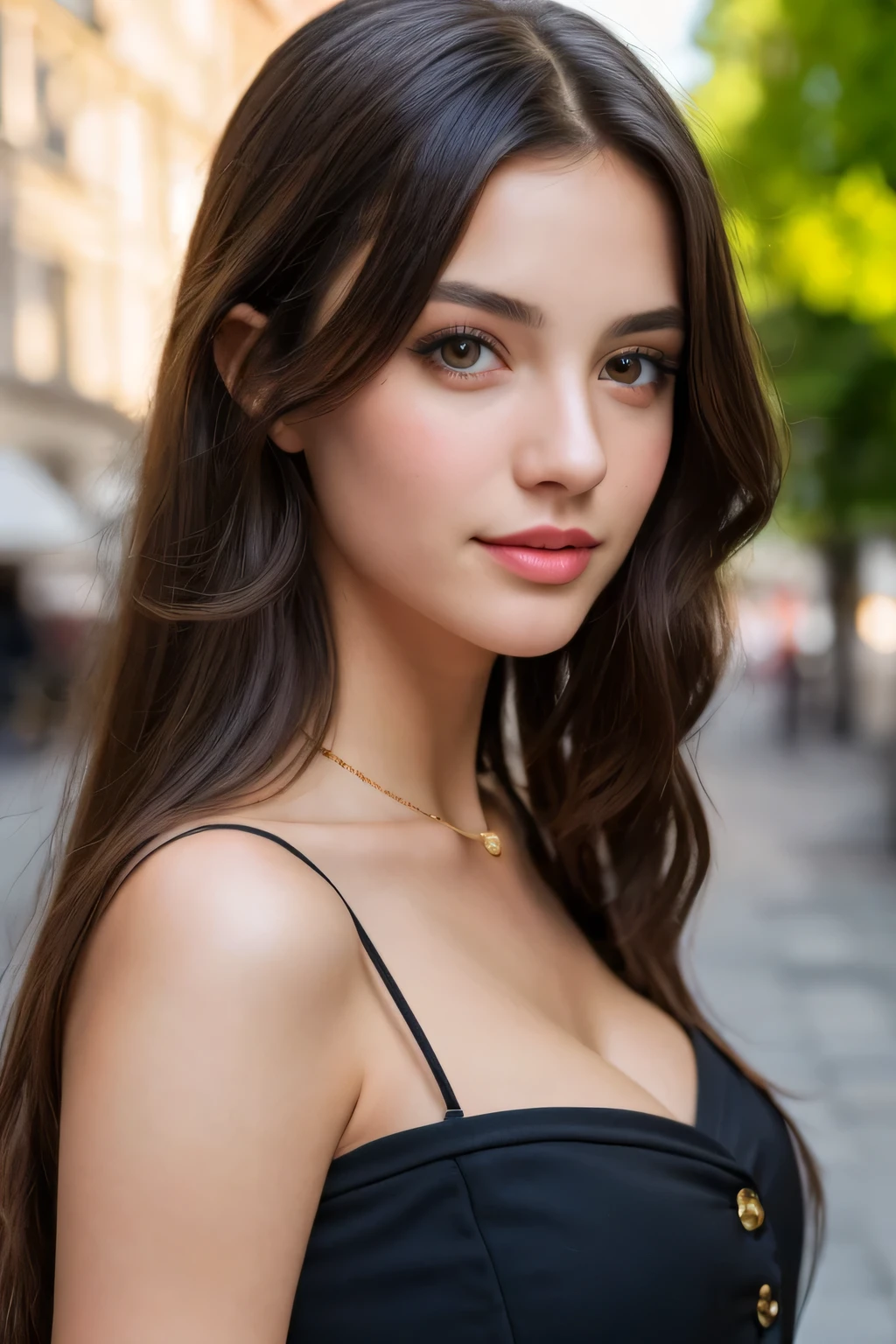 photography of 2 stunning girl, in the city, wearing black skirt, enjoying, girl, summer, hot girl, (((medium bust))), brunette hair, long_hair, looks into the camera, symmetrical face, photorealistic, photography, spectacular lighting,, gorgeous, cleavage, western, (masterpice), best quality, high resolution, extremely detailed, skin with pores, blurred background, depth of field, cinematic lighting, EUROPE
