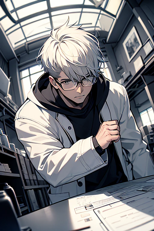 monochrome,masterpiece, male focus,white hair, hair over eyes, very short hair, a man wearing white coats,18 age, angry, horrified, fisheye, from below, sideways, wide shot, masterpiece, ccurate, anatomically correct, super detail, high details, high quality, highres, best quality, 4K, UHD,glasses,solo,Laboratory,shoot from below,