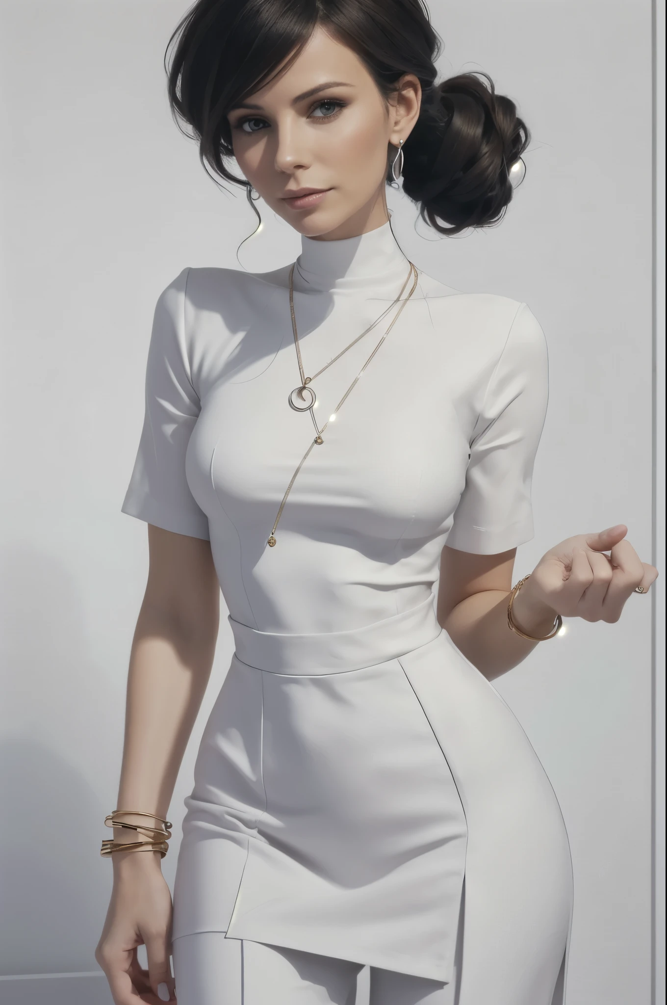 makeup, mascara, simple color palettes, woman 25 years old, stylish, Clean, sharp designs, flowing silhouettes, Tight skirts and pants, high-waisted skirts and pants, simple dresses, shirts and blouses, asymmetrical, geometric, Elegant and luxurious materials and designs, Simple, minimal accessories, Victoria Beckham, Kate Beckinsale,  Slim necklaces and rings in silver or gold, Simple bangles, Distinctive designs, simple silhouettes, chic and mature impression, simple and sophisticated style, elegance, minimalism, high quality materials, cool and urban impression, high fashion, , simplicity and sophistication, plain white dress, chic white dress, busty, 
