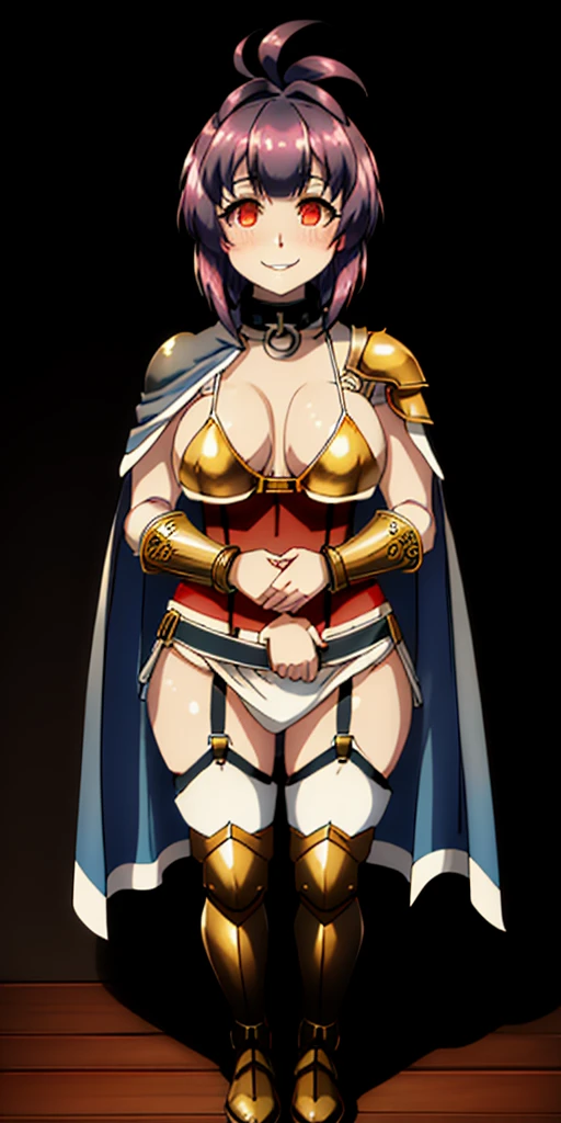 Masterpiece, (flat black background:1.2) solo, detailed face, intricate iris, thick lips, robot girl, (gold and white skin), realistic illustration of a (cyborg girl), (RED eyes), IvoryGoldAI, (freckles),(holding BREATHTAKING:1.2), (gold and white armor:1.2), (looking at viewer:1.2), parted lips, standing straight symmetrical, looking at viewer, lustful smirking smile face red blushed red cheeks, thick thighs, thigh highs, thigh, boots, armor, armored boots, full body armor, bikini armor, big breastplate, pauldron, bracers, leather black choker, tiger claws gloves, short bob white haircut, helmeted, metal shoulders, red long loincloth, longest blue cape reach to the waist, shackles and chains wristbands