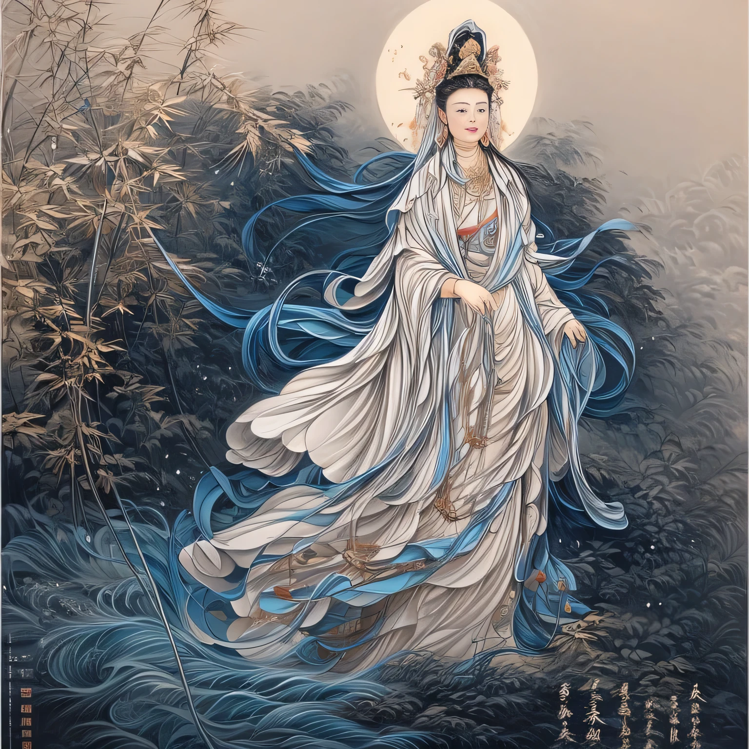 ((best quality)), ((masterpiece)), (detailed) ,
((guanyin,1girl,portrait),water,traditional media,jewelry, moon,flowers),
( (xinjin ,chinese text,  text focus,wall of text)),