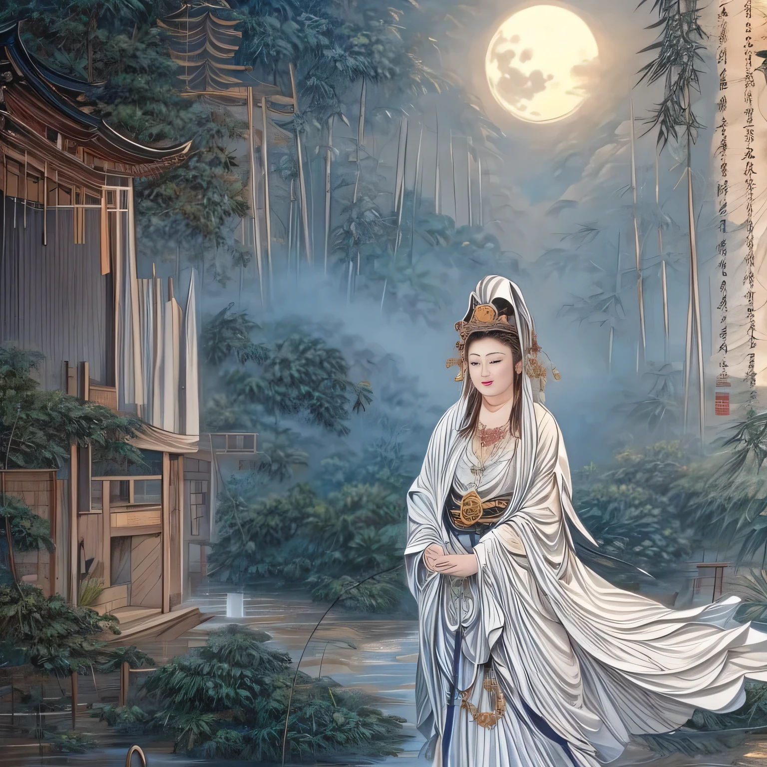 ((best quality)), ((masterpiece)), (detailed) ,
((guanyin,1girl,portrait),water,traditional media,jewelry, moon,flowers),
( (xinjin ,chinese text,  text focus,wall of text)),