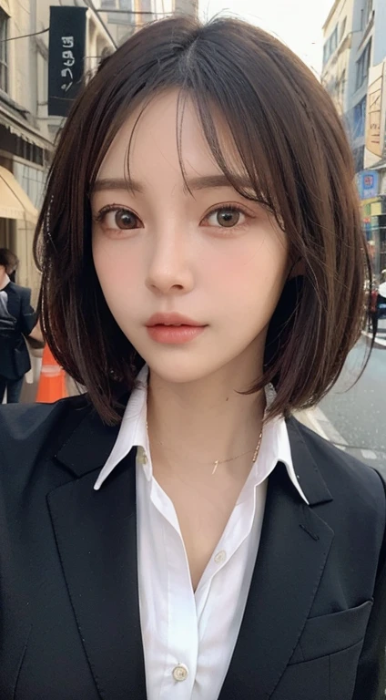 ((Best quality, Masterpiece :1.3)), Sharp focus ,  ((Layered haircut, huge breasts :1.2)), (Blazer over very thin white button up shirt :1.1), City street:1.2, Highly detailed face and skin texture, Detailed eyes, Double eyelid, golden eyes, gorgeous , long hair , jacket 