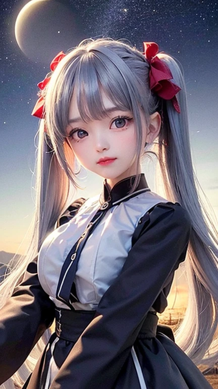 (highest quality, masterpiece), One Girl, Twin tails、stop temporarily, particle, Wind, flower, Upper Body, Simple Background, View audience, , milky way,smile、Turquoise Eyes、(Silver long hair)、Red eyeshadow、flower柄、See-through、Sexy ta、Braid、Twin tails、Wind、Crescent Moon