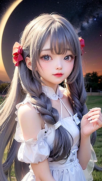 (highest quality, masterpiece), One Girl, Twin tails、stop temporarily, particle, Wind, flower, Upper Body, Simple Background, View audience, , milky way,smile、Turquoise Eyes、（Silver long hair）、Red eyeshadow、flower柄、See-through、Sexy Lolita、Braid、Twin tails、Wind、Crescent Moon