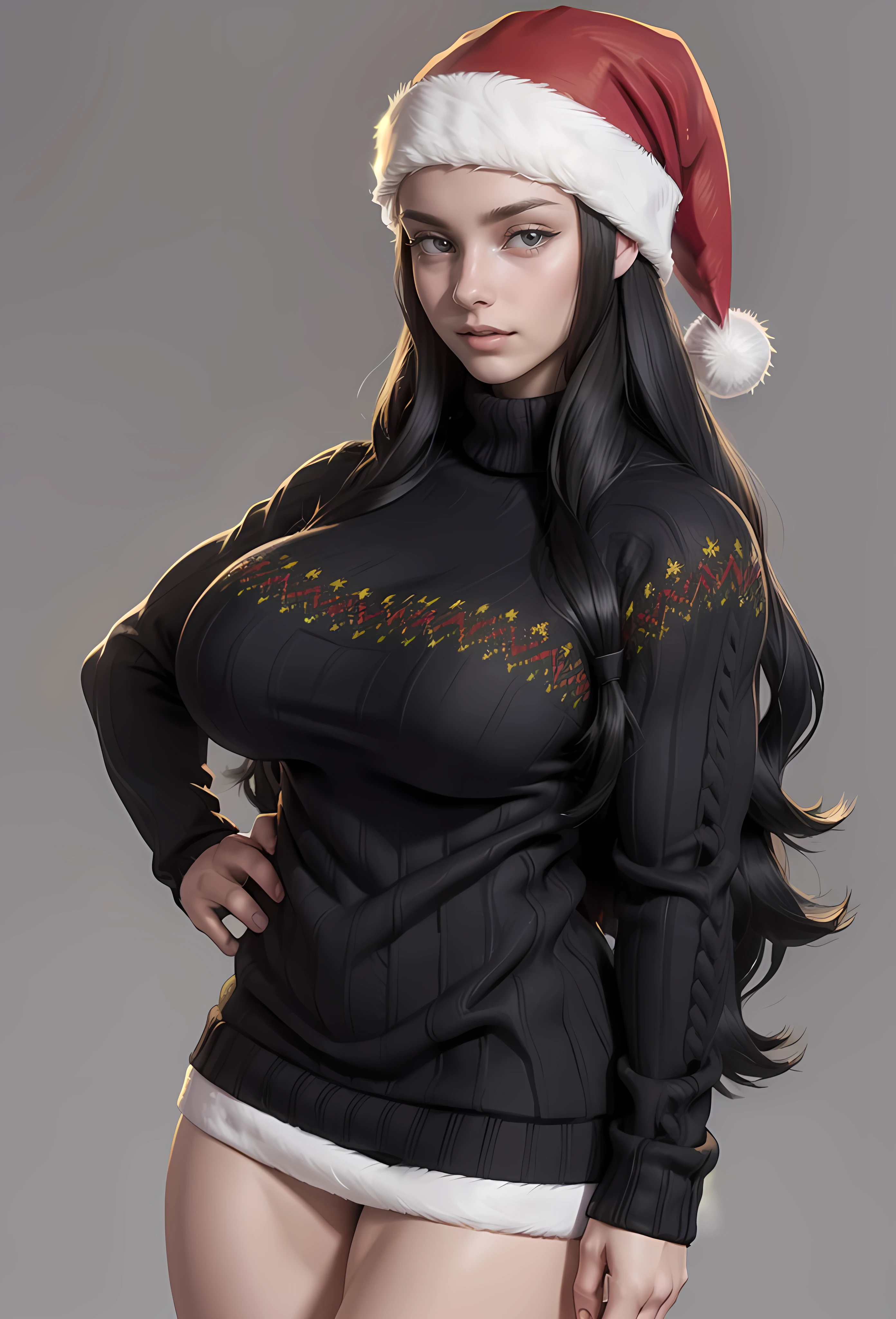 (sad) grey background, solo, (((1 girl))), very long hair, black hair, yellow eyes, ((muscular)), huge breasts, pale skin, slick hair, (christmas sweater santa hat) close up