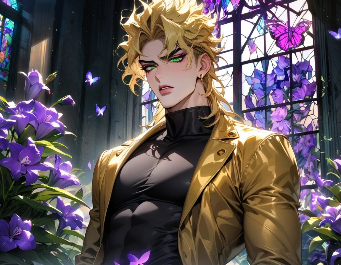 absurdres, highres, ultra detailed, HDR, master piece, best quality, Dio brando, blond hair, expressive green eyes, jojo bizarre adventure, golden jacket, black tight shirt, solo, sexy man, handsome, glass stained window, purple shining butterflies, purple lilies, purple petals, garden