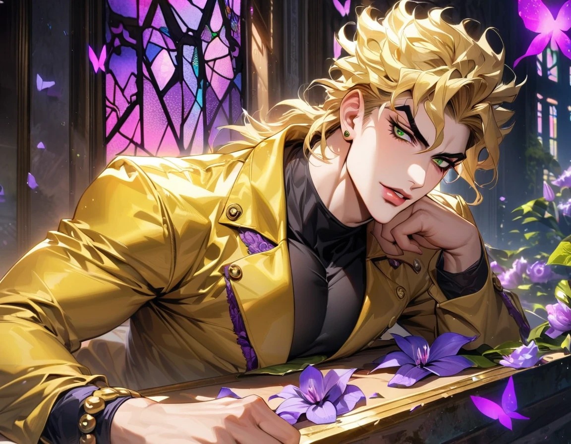 absurdres, highres, ultra detailed, HDR, master piece, best quality, Dio brando, blond hair, expressive green eyes, jojo bizarre adventure, golden jacket, black tight shirt, solo, sexy man, handsome, glass stained window, purple shining butterflies, purple lilies, purple petals, garden