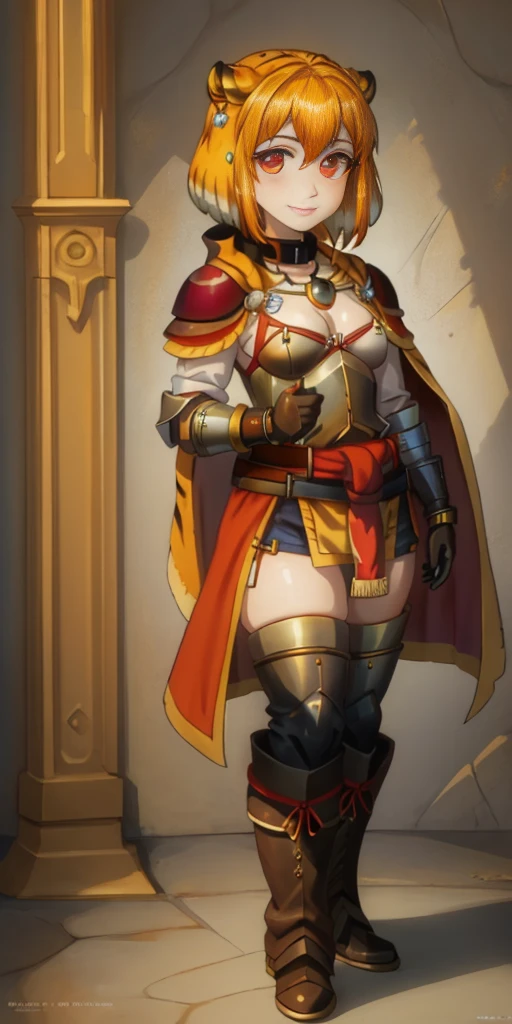 ((BLACK BACKGROUND,1:2, masterpiece)), full body MILF BIMBO standing with two long thighs and two metal sandals, red eyes, silver white hair, short bob style hair, big breasts, cleavage, separate sleeves, tiara royal, long cape up to two feet, yellow bikini, hands on waist, navel, lustful smirking smiling, smile face (red blushed, red cheeks), metal shoulders, gold sleeveless armbands, black leather choker slave collar, shackle bracelets, sex slave red crest, pauldrons, breastplate, corset, eye focus, full body, whole body, 1solo . slave fighter, loincloth standing, hands on hips, metal sandals, backpack, choker, big belt, view from below, feet together, bracers, tiara)