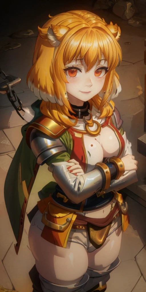 Masterpiece, (flat black background:1.2) solo, detailed face, intricate iris, thick lips, robot girl, (gold and white skin), realistic illustration of a (cyborg girl), (RED eyes), IvoryGoldAI, (freckles),(holding BREATHTAKING:1.2), (gold and white armor:1.2), (looking at viewer:1.2), parted lips, standing straight symmetrical, looking at viewer, ??????? smirking smile face red blushed red cheeks, thick thighs, thigh highs, thigh, boots, armor, armored boots, full body armor, ?????? armor, big breastplate, pauldron, bracers, leather black choker, tiger claws gloves, short bob white haircut, helmeted, metal shoulders, red long loincloth, longest blue cape reach to the waist, ???????? and chains wristbands