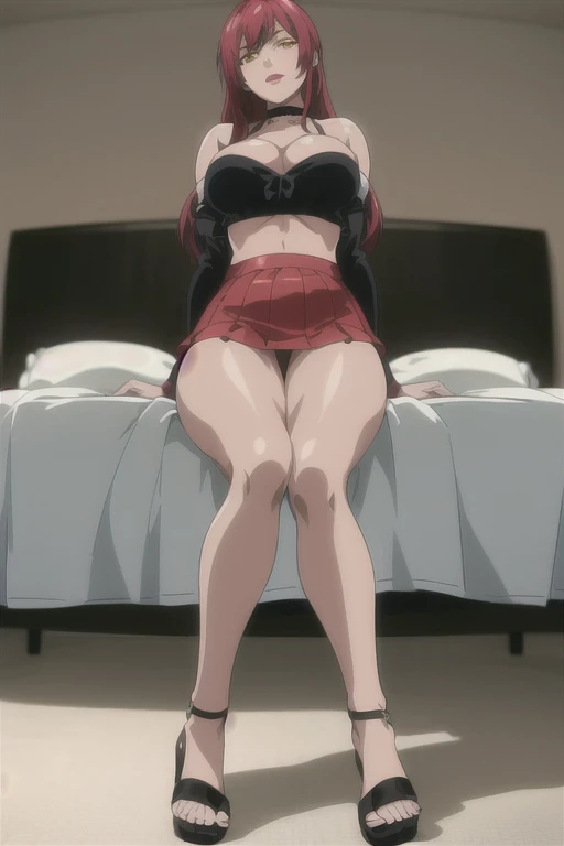 masterpiece, best quality, highres, 2 girls, hirokotakashiro,  micro ruffle skirt, black off shoulder crop top , bedroom, full body shot, (smug:0.3), looking at viewer, focus solo, sexy pose, crossing legs, mature, flip flops, detailed feet, busty, cleavage, redhead, seductive, dangling shoes, red eyeshadow, glossy lips, black choker, long hair, sitting on bed, complete body, seducing, yellow eyes, 