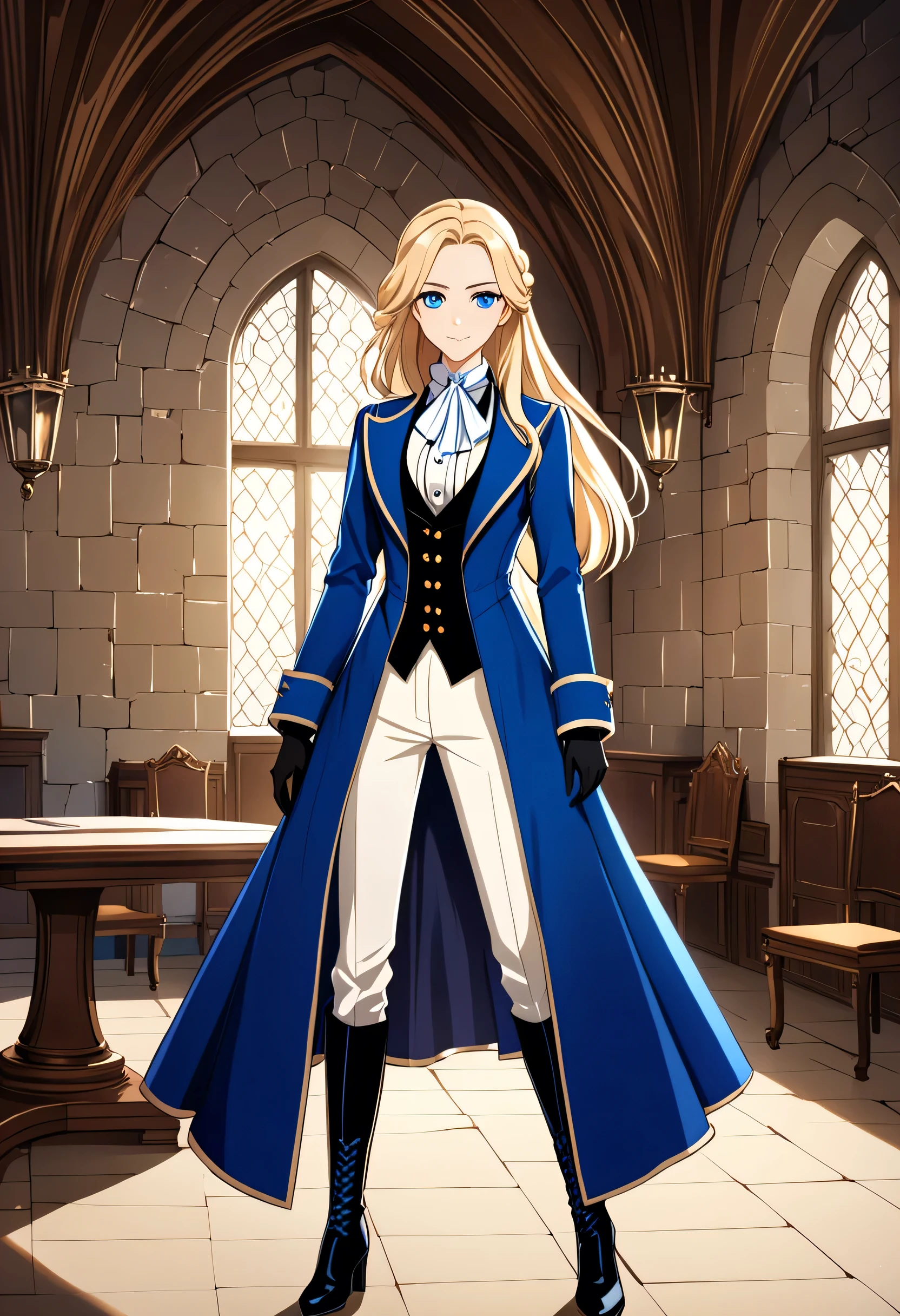 Detailed image, anime style, Young woman, an aristocrat, Blue eyes, blond long hair, feminine body, neat hairstyle, arrogant smile, arrogant look, dressed in expensive blue swordsman's clothes with white elements, in trousers, in a vest, Without reservation, in short tail coat, in lace up boots, gloved, standing alone in the training room of the royal castle, Middle Ages, fantasy, looks at the viewer,
