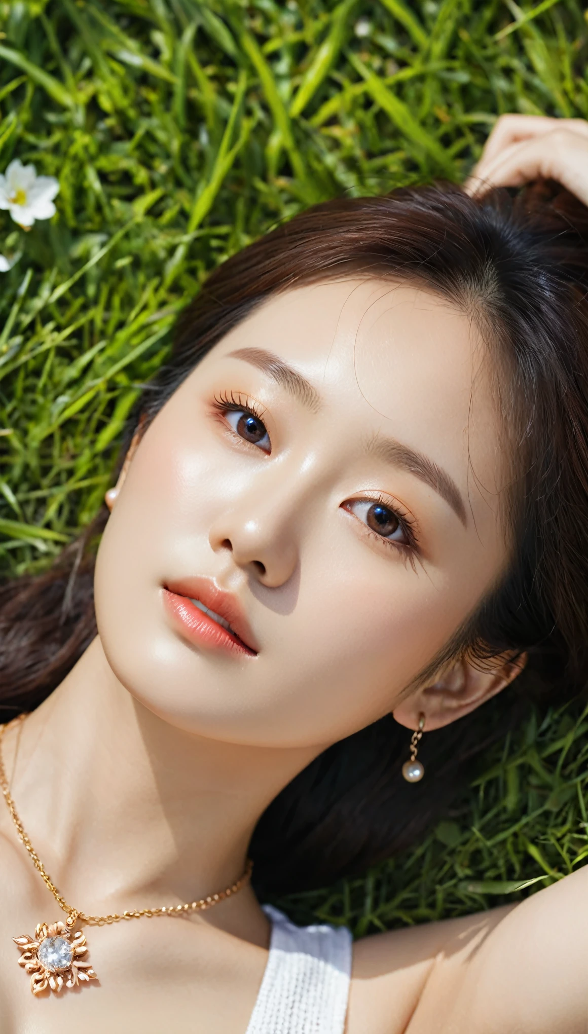 close-up of beautiful korean female, 34 inch breasts size, wearing sleeveless shirt, necklace, lying down on the grass, UHD