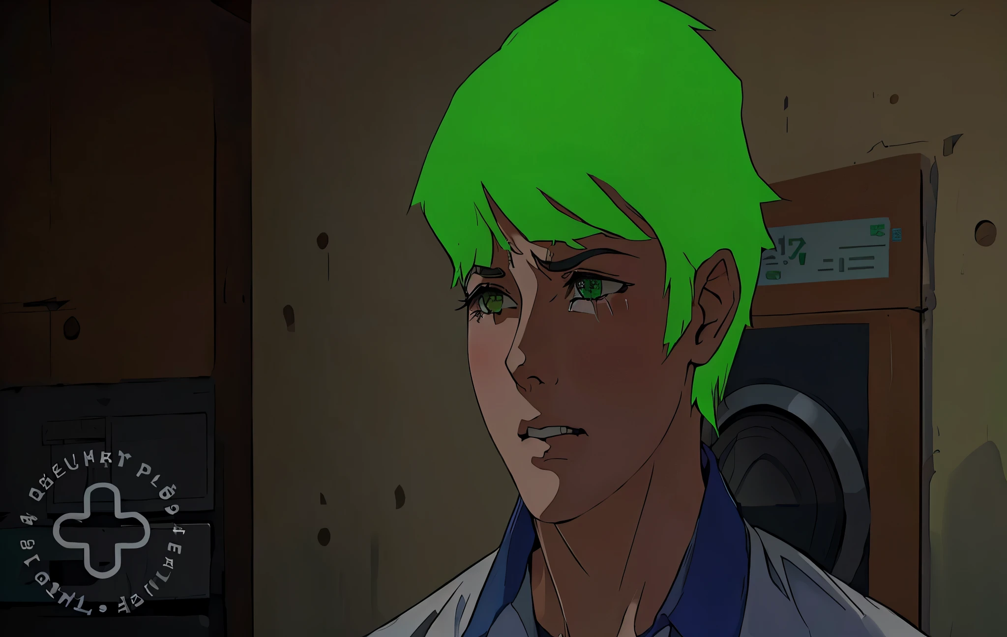 15 year old girl short green hair green eyes she is sad she is crying
