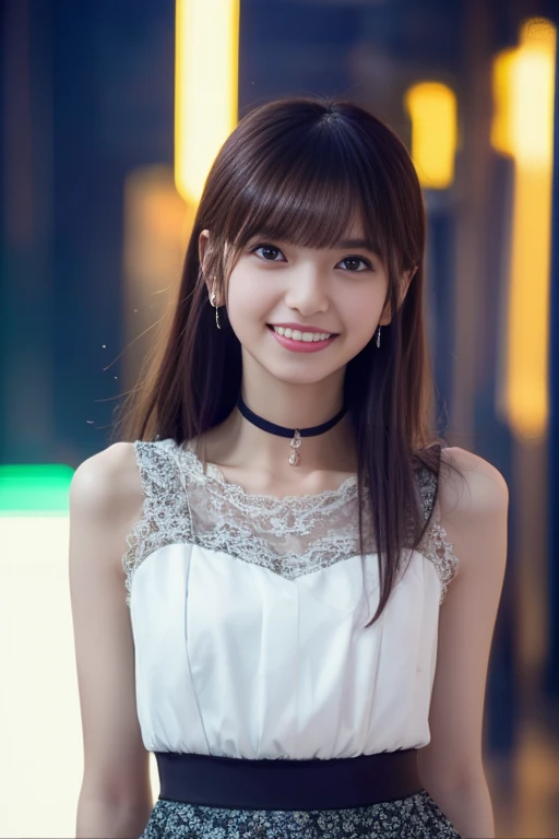 8k, On the table, RAW Photos, The best quality at its best, Realistically, Highly detailed CG Unity 8k wallpaper, Depth of written boundary, Cinema lighting, Lens flare brilliance, Ray Tracing, (Very beautiful face, Beautiful Lips, Cute eyes), An exquisitely crafted face, ((Very delicate skin)) 1 girl in, Dark Night, Deep Shadow, Beautiful girls, Idol, 1 girl, (Very slim and slender fit muscular body:1.3), ((View your viewers)),(Big smile:1.3), (Fashion City Night, Dark Night, (Neon Light), (Ambiguous background), Fashion Street Night),(No people in the background:1.3), Beautiful earrings, Bangles, Choker Necklace, Lace pantyhose, Clear Eyes, Walking on foot, (Pale-skinned), (Big eyes facing forward, (Brown hairy body shot), (()), (()), , (View your viewers:1.3) Avas, Very slim, huge , back track, (Rear Projection), focusing, In front of eyebrows,(((lace mini dress))), Thick thighs,