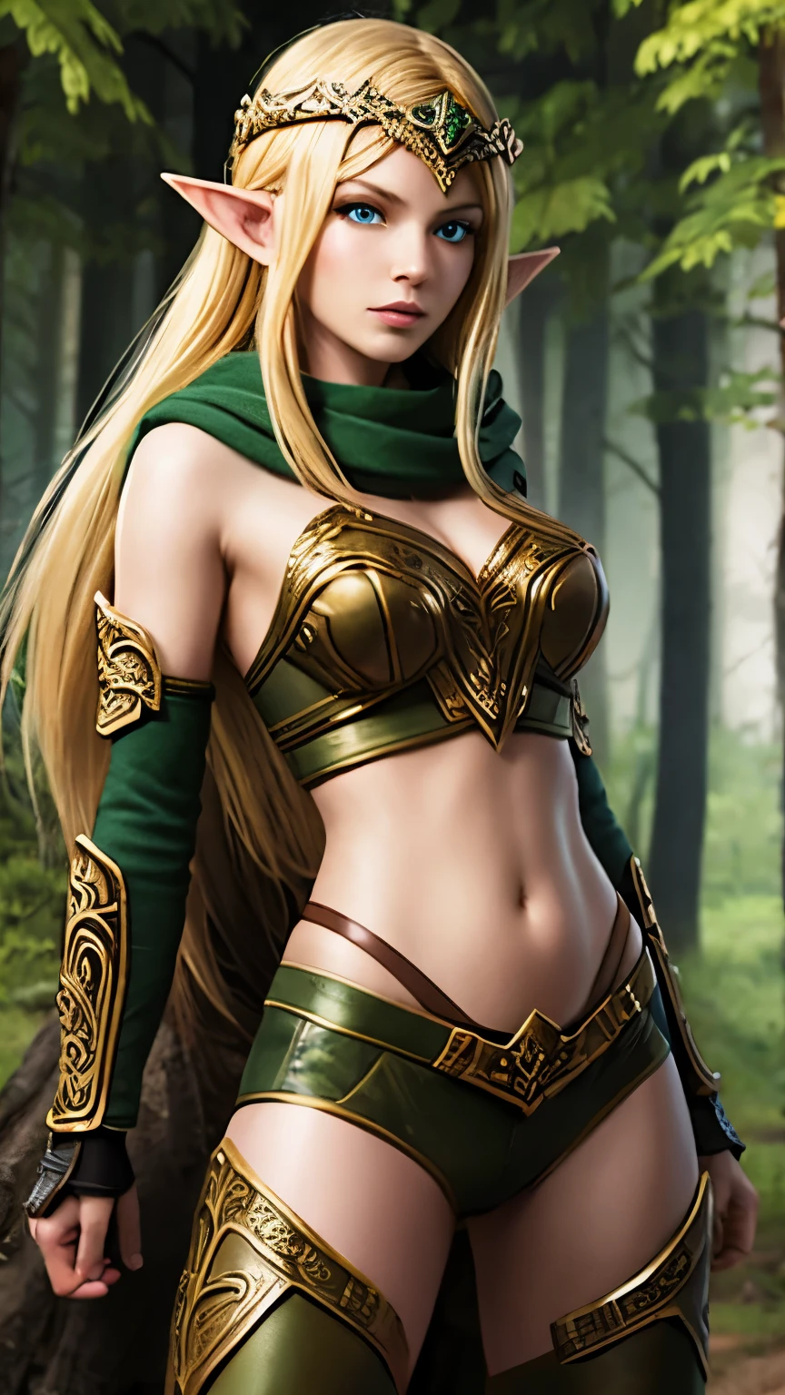 (Highly quality, highly resolutions, highly detailed, masterpiece), WoWAlleria, Forest background, Alleria Windrunner, solo, beautiful elf woman, blond hair, single braid, glowing blue eyes, leather and plate armor, leather laced pants, leather gloves boots and belts, single shoulder pad, hood, facial mark tattoo, elf ears, ring ear piercing, navel