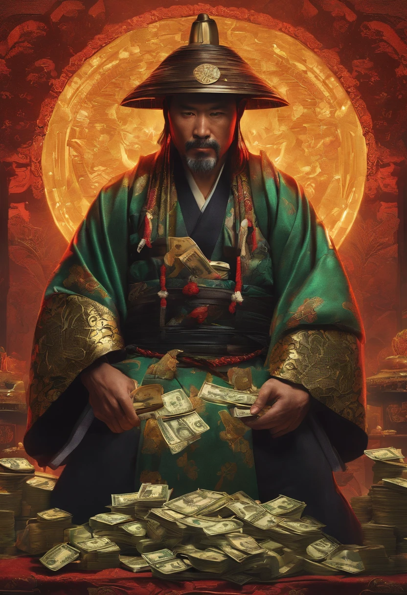 Futuristic japanese ronin holding money and money around him