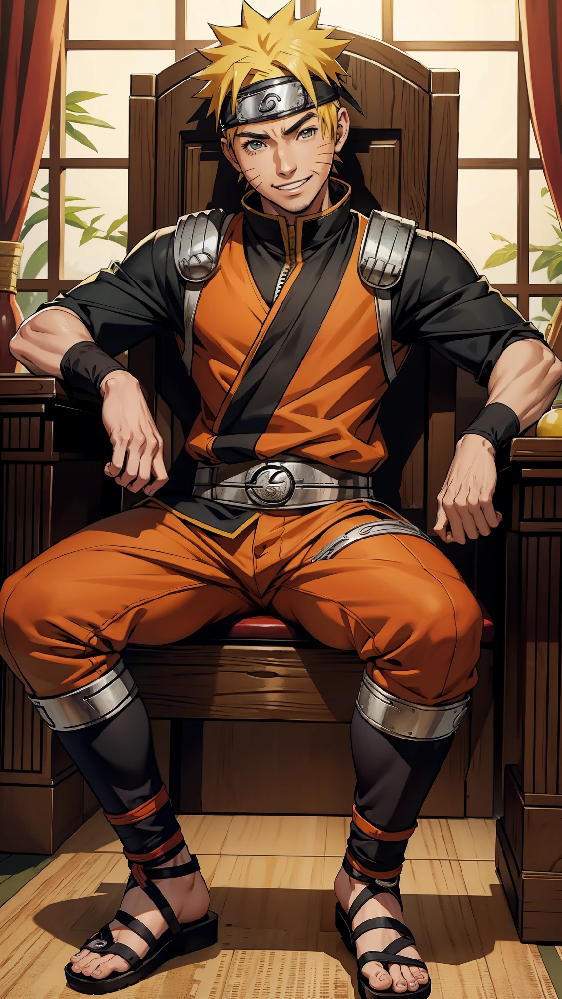 Naruto, extremamente realista, sentado em um trono, relachado, olhando pra frente, sorriso malicioso, fitness, bonito