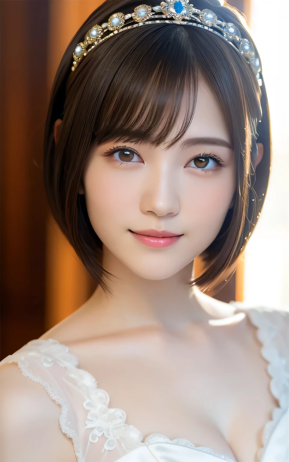 (highest quality:1.5), (Realistic:1.5), (1 person:1.5), (Medium wide shot:1.5), Very detailed, High resolution, 8k wallpaper, , Small breasts, Natural color lips, Cute Smile, Japanese women, 20-year-old girl, Beautiful and elegant face, Perfect and beautiful face, Big eyes, Brunette's eyes, Beautiful and elegant face, Perfect and beautiful double eyelids, Natural Bangs, Beautiful thin nose, Beautiful Skin, chestnut brown hair, Medium Bob Hair, Shortcuts, Natural Bangs, Perfect and beautiful face, Slim face and figure, (looking at the camera), Bright lighting, Professional Lighting, Forward lighting, Natural smile, church, White Wedding Dress, tiara、Beautiful cleavage、