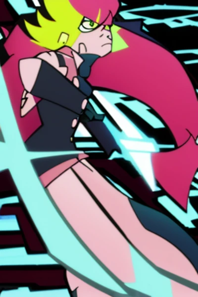 1men, pink hair, Pia bangs two side up, General Uniform, large white sword, Angry and Rage, muscle body, multimedia illuminate, style of Panty and Stocking 