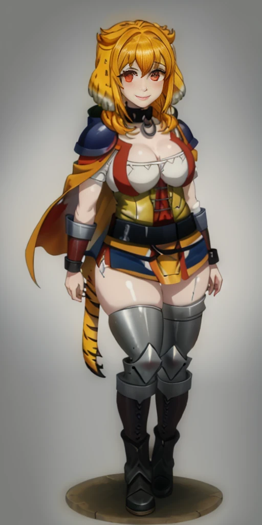 Masterpiece, (flat black background:1.2) solo, detailed face, intricate iris, thick lips, robot girl, (gold and white skin), realistic illustration of a (cyborg girl), (RED eyes), IvoryGoldAI, (freckles),(holding BREATHTAKING:1.2), (gold and white armor:1.2), (looking at viewer:1.2), parted lips, standing straight symmetrical, looking at viewer, lustful smirking smile face red blushed red cheeks, thick thighs, thigh highs, thigh, boots, armor, armored boots, full body armor, bikini armor, big breastplate, pauldron, bracers, leather black choker, tiger claws gloves, short bob white haircut, helmeted, metal shoulders, red long loincloth, longest blue cape reach to the waist, shackles and chains wristbands