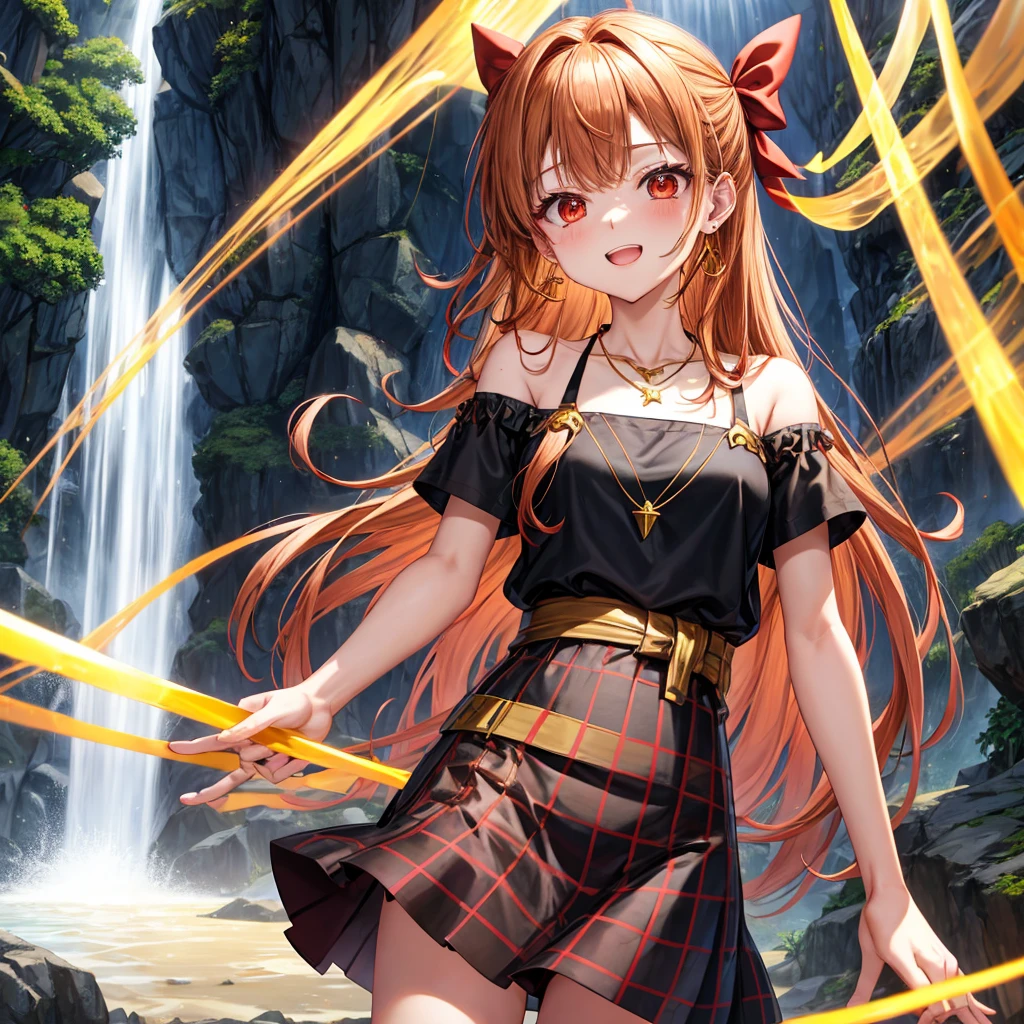 Brown, red, gold, golden hair、Red eyes、One good looking girl、solo、anime、Checkered mini skirt、Black camisole、Black T-shirt、hoodie、Wearing a ribbon、Ribbon on waist、Crystal Earrings、Gemstone Necklace、Light and shadow、Tilting face、Teeth are visible、waterfall、Kuroko、tunnel、pylon、Sunset sky、Towering、frilled lizard、light、flash、Barrel、Wife