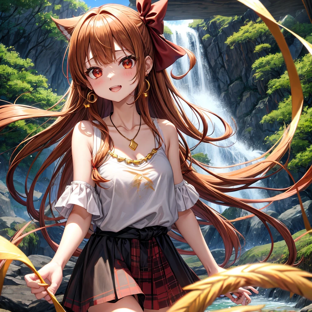 Brown, red, gold, golden hair、Red eyes、One good looking girl、solo、anime、Checkered mini skirt、Black camisole、Black T-shirt、hoodie、Wearing a ribbon、Ribbon on waist、Crystal Earrings、Gemstone Necklace、Light and shadow、Tilting face、Teeth are visible、waterfall、Kuroko、tunnel、pylon、Sunset sky、Towering、frilled lizard、light、flash、Barrel、Wife