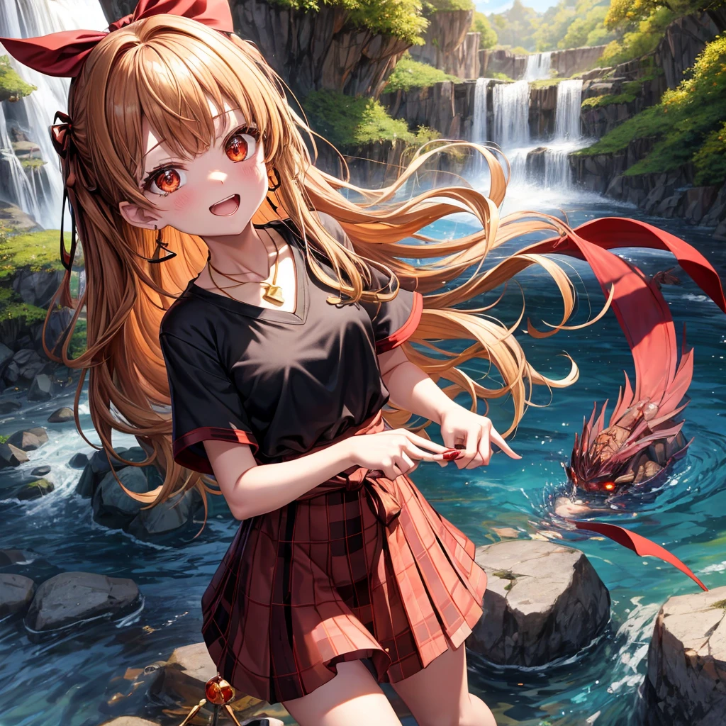 Brown, red, gold, golden hair、Red eyes、One good looking girl、solo、anime、Checkered mini skirt、Black camisole、Black T-shirt、hoodie、Wearing a ribbon、Ribbon on waist、Crystal Earrings、Gemstone Necklace、Light and shadow、Tilting face、Teeth are visible、waterfall、Kuroko、tunnel、pylon、Sunset sky、Towering、frilled lizard、light、flash、Barrel、Wife