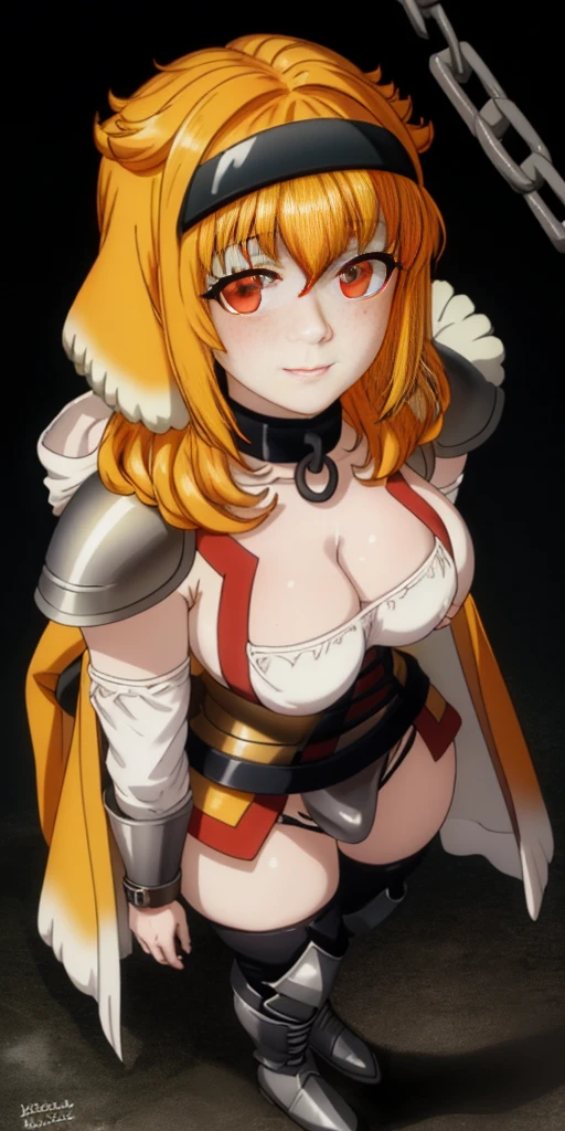 Masterpiece, (flat black background:1.2) solo, detailed face, intricate iris, thick lips, robot girl, (gold and white skin), realistic illustration of a (cyborg girl), (RED eyes), IvoryGoldAI, (freckles),(holding BREATHTAKING:1.2), (gold and white armor:1.2), (looking at viewer:1.2), parted lips, standing straight symmetrical, looking at viewer, lustful smirking smile face red blushed red cheeks, thick thighs, thigh highs, thigh, boots, armor, armored boots, full body armor, bikini armor, big breastplate, pauldron, bracers, leather black choker, tiger claws gloves, short bob white haircut, helmeted, metal shoulders, red long loincloth, longest blue cape reach to the waist, shackles and chains wristbands