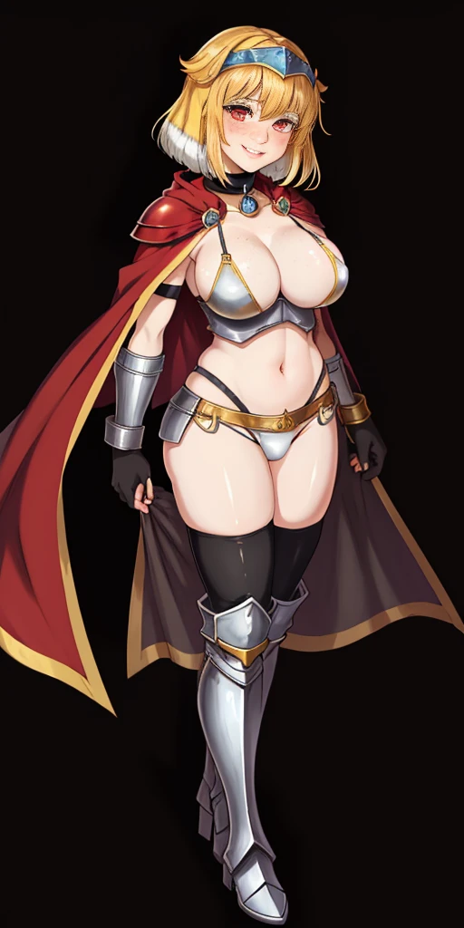 Masterpiece, (flat black background:1.2) solo, detailed face, intricate iris, thick lips, robot girl, (gold and white skin), realistic illustration of a (cyborg girl), (RED eyes), IvoryGoldAI, (freckles),(holding BREATHTAKING:1.2), (gold and white armor:1.2), (looking at viewer:1.2), parted lips, standing straight symmetrical, looking at viewer, lustful smirking smile face red blushed red cheeks, thick thighs, thigh highs, thigh, boots, armor, armored boots, full body armor, bikini armor, big breastplate, pauldron, bracers, leather black choker, tiger claws gloves, short bob white haircut, helmeted, metal shoulders, red long loincloth, longest blue cape reach to the waist, shackles and chains wristbands