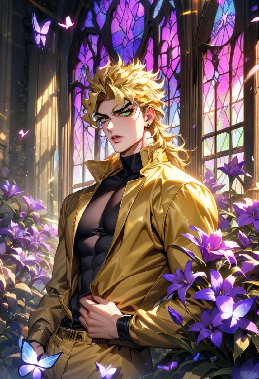 absurdres, highres, ultra detailed, HDR, master piece, best quality, Dio brando, blond hair, expressive green eyes, jojo bizarre adventure, golden jacket, black tight shirt, solo, sexy man, handsome, glass stained window, purple shining butterflies, purple lilies, purple petals, garden