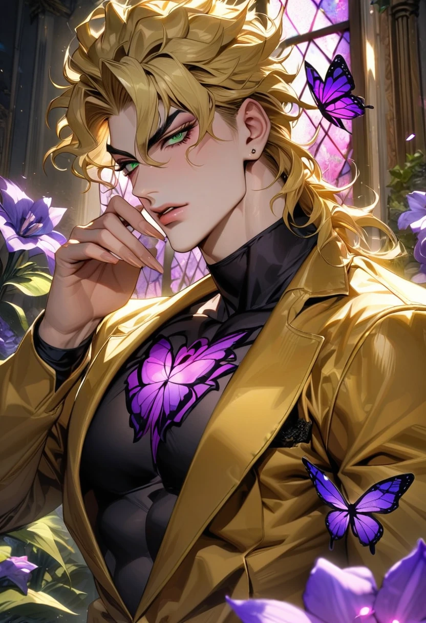 absurdres, highres, ultra detailed, HDR, master piece, best quality, Dio brando, blond hair, expressive green eyes, jojo bizarre adventure, golden jacket, black tight shirt, solo, sexy man, handsome, glass stained window, purple shining butterflies, purple lilies, purple petals, garden